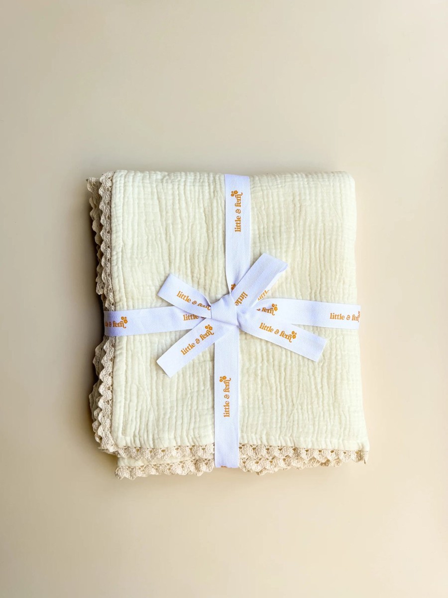 Baby Little and Fern | Muslin Crinkle Organic Lace Blanket | Buttercream